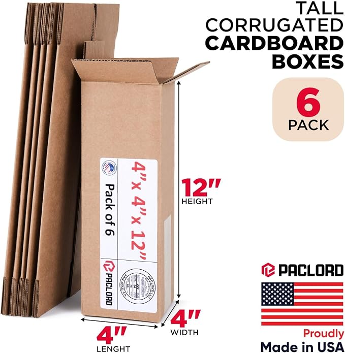 Tall Cardboard Boxes 4"L x 4"W x 12"H (Pack of 6) - USA-Made Packing Boxes for Moving, Shipping, or Storage - USPS, UPS, FedEx Approved - Professional Packing Supplies for Moving | USA-Made Packing Boxes for Moving, Shipping, or Storage - USPS, UPS, Fe...