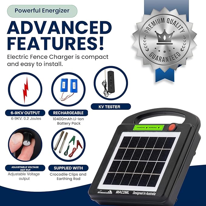 Solar Powered Electric Fence with Lithium Battery Energizer Containment & Protection of Livestock Horses Cattle Sheep Pets Easy Install Charger 0.2 Joules Output (6-9KV)