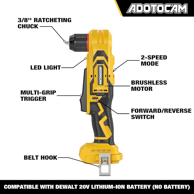 Brushless Right Angle Drill for DeWalt 20V Battery (Tool Only), 3/8" Cordless Angle Drill with Compact Design & Variable Speed, featuring an LED Light for Screws/Drilling