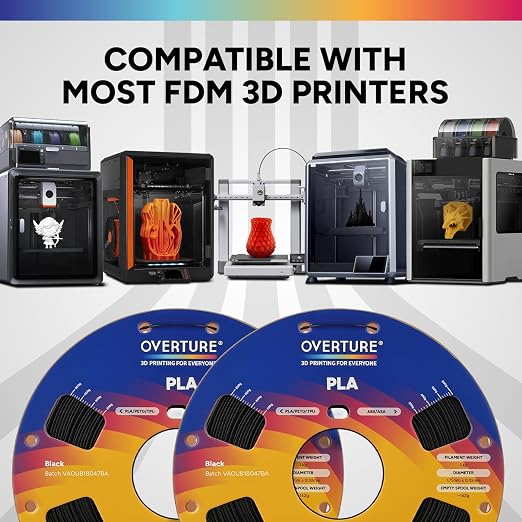 OVERTURE 2KG Bundle High Speed PLA Filament 1.75mm, Neatly Wound 3D Printer Filament 2 Pack 1kg Spool (2.2lbs) Rapid PLA, Fit Most FDM 3D Printers (Black 2-Pack)