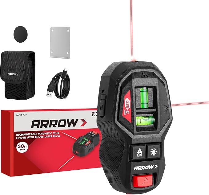 ARROW 2-in-1 Laser Level with Magnetic Stud Finder, Rechargeable Wall Scanner for Wood & Metal, Cross Line Laser with Bubble Vials for Accurate Markings, Ideal for Hanging Frames & Pictures