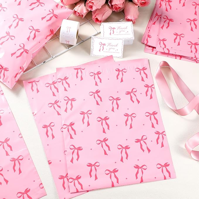 200 Pack 10x13 Pink Bow Poly Mailers Waterproof Self Adhesive Cute Shipping Bags with Thank Cards and Stickers for Small Business Large Mailing Envelopes Bulk Tear Resistant