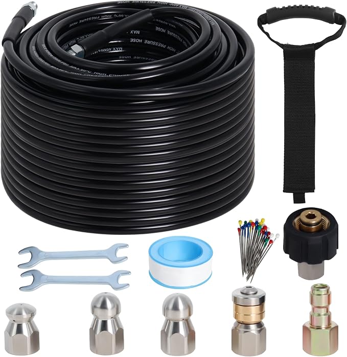 150FT Sewer Jetter Kit for Pressure Washer, 5800PSI Drain Cleaner Hose 1/4 Inch NPT Corner with 4 Sewer Jetting Nozzles，Waterproof Tape，Pearl Corsage Pin，Handle Strap & 2 Spanners (Black)