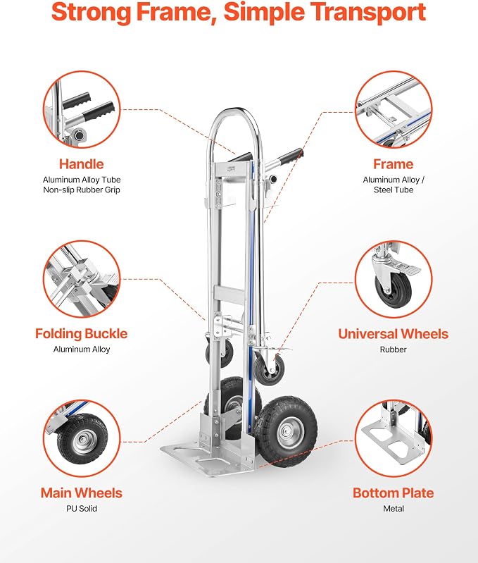 VEVOR 2 in 1 Hand Truck, 1000 lbs Load Capacity for 4-Wheel Mode, Convertible Hand Truck Dolly with Non-Slip Handle & Wheels, Portable Trolley Dolly for Moving Home, Office, Warehouse, Supermarket