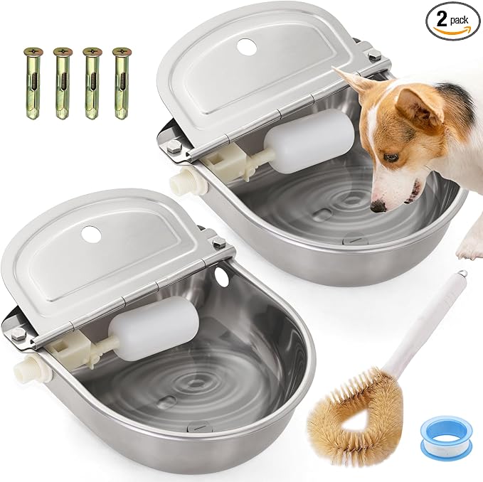 2 Pack 304 Stainless Steel Automatic Livestock Waterer with Float Valve & Drainage Hole– Animal Watering Bowl for Dog, Horse, Goat, Pig, Chicken, Easy-Clean Water Bowl for Outdoor Farm Use