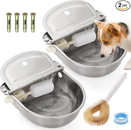 2 Pack 304 Stainless Steel Automatic Livestock Waterer with Float Valve & Drainage Hole– Animal Watering Bowl for Dog, Horse, Goat, Pig, Chicken, Easy-Clean Water Bowl for Outdoor Farm Use