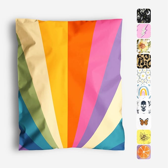 Package Mint 10x13 Poly Mailers - 100 Pack Retro Rainbow Design Poly Mailer Shipping Bags - Waterproof, Tear-Resistant, Self-Sealing Adhesive - Durable Decorative Mailing Bags for Clothes, Accessories