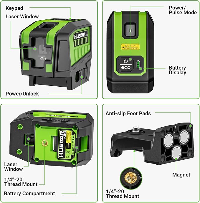 HUEPAR 2 Point and Cross Line Self Leveling Laser Alignment Tool with Plus Mode (98-165Ft), Laser Level & 2 Plumb Dots with 360° Magnetic Base Includes 2 AA Batteries & Hard Carrying Case - PL211G