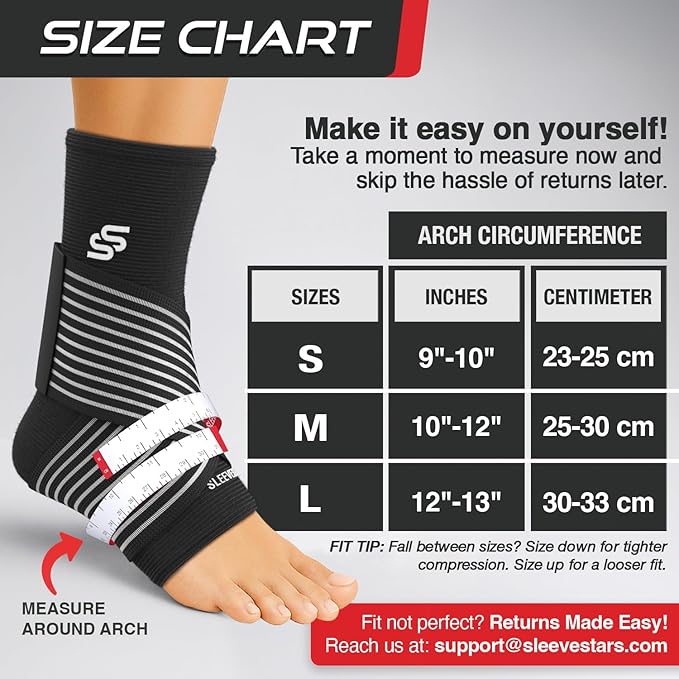 Sleeve Stars Ankle Brace for Women & Men, Ankle Wrap for Sprained Ankle, Compression Sleeve for Plantar Fasciitis Relief, Easy Customizable Support: w/Removable Strap (Pair/M:10"-12"/Black)