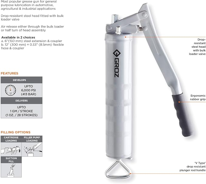 PROLUBE Standard Duty Lever Grease Gun | 6,000 PSI | 14-Ounce Capacity | 6-inch Steel Extension & Coupler (42502)