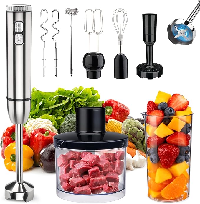 Immersion Blender Handheld Cordless 8 in 1 Hand Held Blenders Mixer Stainless Steel 25 Speed Turbo Mode Electric Sitck Beaker Chopper Milk Frother Grinder