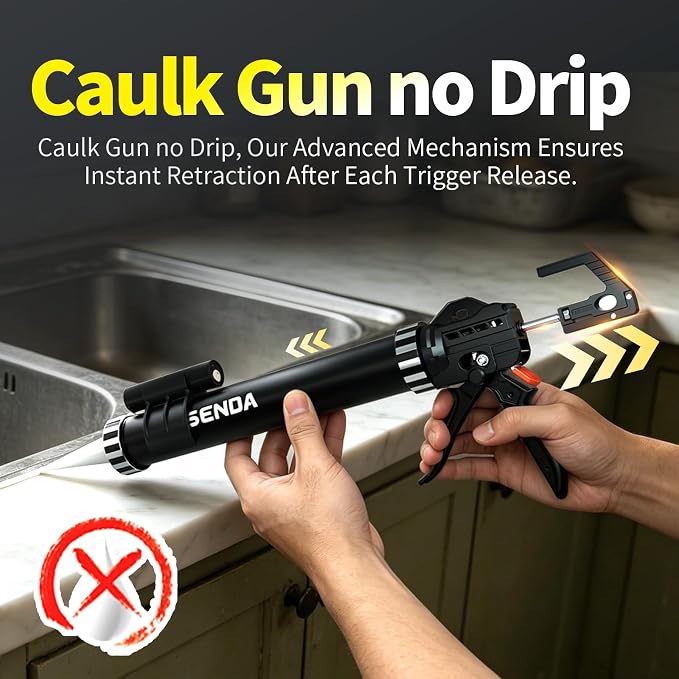 Silicone Sealant Caulking Gun, Heavy Duty Industrial Manual Caulking Gun with LED Light, 19-Bearing Smooth Dripless Caulk Gun, 18:1 Thrust Ratio, Dual Use Sausage & Cartridge (20 oz)