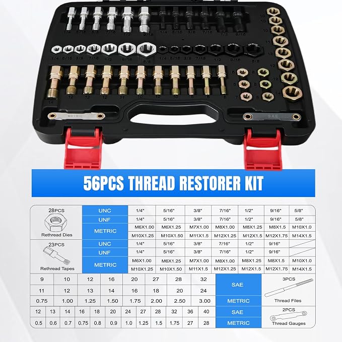 Nilight 56PCS Thread Chaser Set SAE Metric Master Thread Repair Kit with Case 23 Taps 28 Dies 3 Files 2 Gauge Universal UNC UNF Sizes Automotive Tool for Mechanics Auto Shop Home Garage Repair