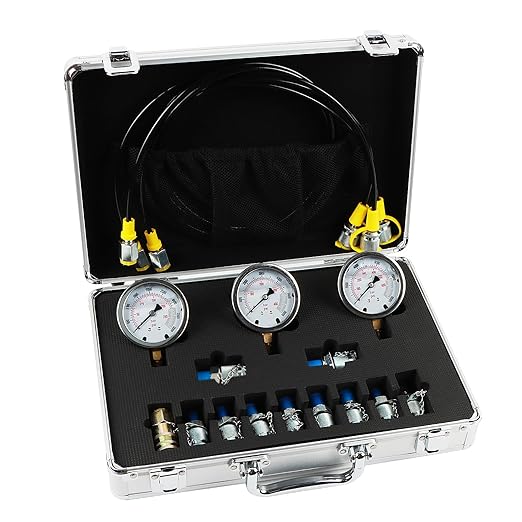 Hydraulic Pressure Gauge Test Kit Tractor Hydraulic Tester Set with 3 Gauges(25/40/60Mpa) 3 Hoses(64.5in) 11 Quick Connectors for Excavator Construction Machinery(Silver)
