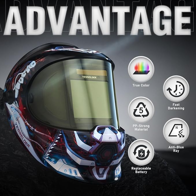 YESWELDER Auto Darkening Welding Helmet with SIDE VIEW, 180° Panoramic View, 1/1/1/1 True Color Solar Powered Welder Hood, Wide Shade 3/5-9/9-13 Welder Mask for TIG MIG ARC CUT and GRIND, LYG-Q800D