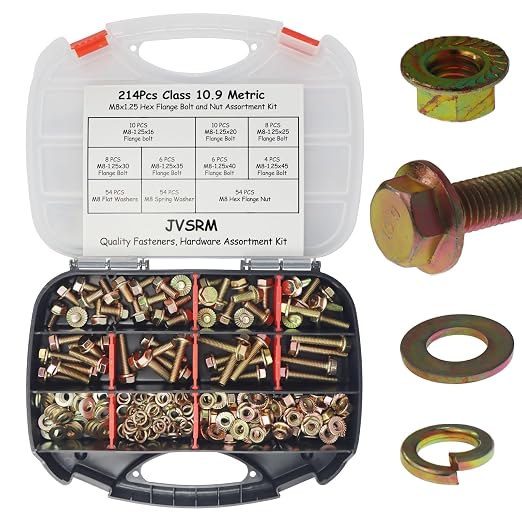 214pcs Grade 10.9 Metric Flange Bolts Assortment Kit, M8x1.25 Bolts (16-45mm), Metric Bolts and Nuts Assortment, Hex Bolt and Nut Washers Kit, Yellow Zinc Plated