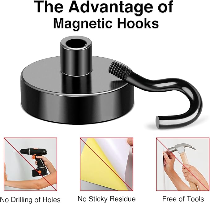 MIKEDE Magnetic Hooks 30Lbs+ Black Heavy Duty Earth Magnets with Hook | Strong Neodymium Magnetic Cruise Hooks for Hanging Curtain Refrigerator Grill and Kitchen Pack of 4