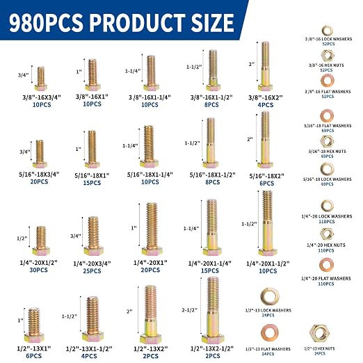 980cs Grade 8 SAE Bolts and Nuts Assortment Kit, 1/4-20, 5/16-18, 3/8-16, 1/2-13 Heavy Duty Hex Bolts and Nuts Kit, Assorted Nuts, Bolts, Flat & Lock Washers, Yellow Zinc Plated, Length from 1/2"-2"