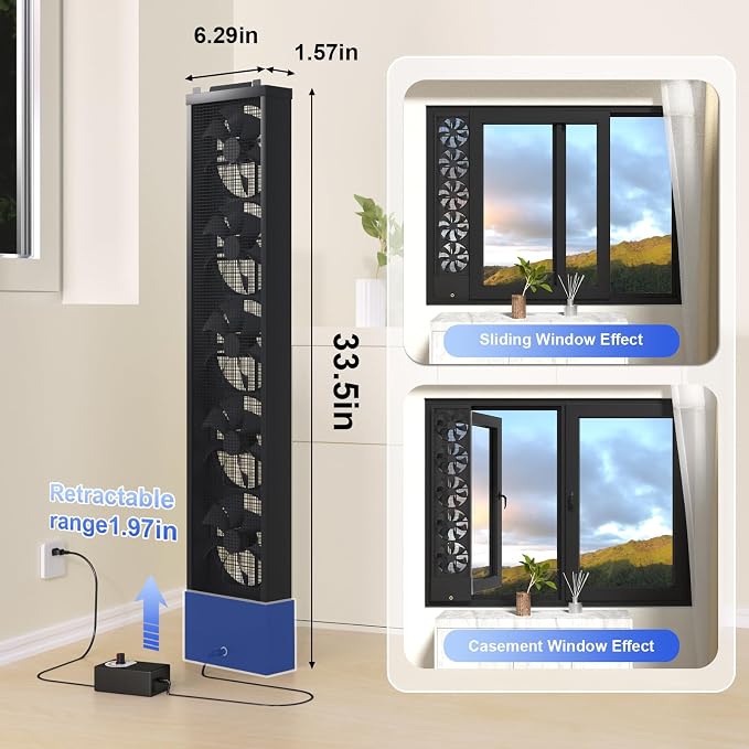 Vertical Window Fan for Sliding Windows (Black, 80~85cm/31.5~33.5in) | No Drilling Required Installation, Adjustable Wind Speed, 1.97 IN Retractable, for Bedroom Bathroom Kitchen Office