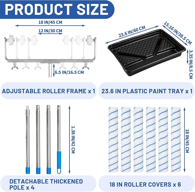 12 Pcs 18 Inch Paint Roller Kit- 18 Inch Paint Roller Tray, 12-18" Adjustable Roller Frame & Thickened Extendable Steel Pole, Large Paint Roller Sleeves with Tray for Painting Wall Ceiling