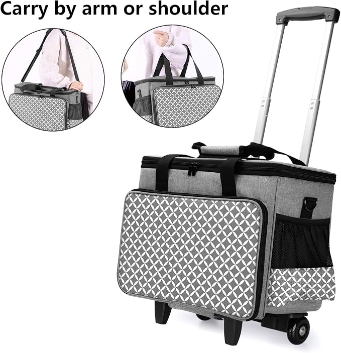 Yarwo Upgraded Rolling Sewing Machine Carrying Case, Detachable Trolley Tote Bag with Removable Bottom Board and Thickened Trailer Leg for Most Standard Sewing Machine and Accessories, Gray with Grid