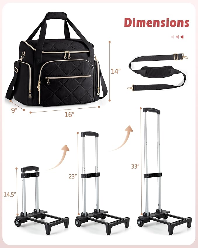 Marscamd Rolling Teacher Bag with 15.6" Laptop Compartment, Wheeled Work Briefcase Tote with Detachable Trolley for Women, Black