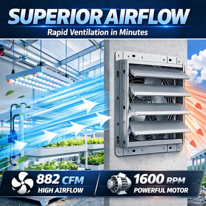 Hon&Guan 14 Inch Shutter Exhaust Fan with Stepless Speed Controller, 882 CFM High Airflow, 1600 RPM Wall Vent Fan, Automatic Gravity Shutters, Easy Install for Garage, Shed & Greenhouse, Gunmetal Gray