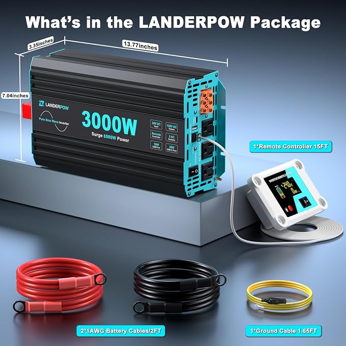 3000 Watt Pure Sine Wave Inverter 24V DC to 120V AC for RV, Truck, Solar, Home, Off-Grid, Power Inverter with 3 AC Outlet, 30W USB-C, 5V 3.1A USB, Hardwire Port, Remote Control, Surge 6000W