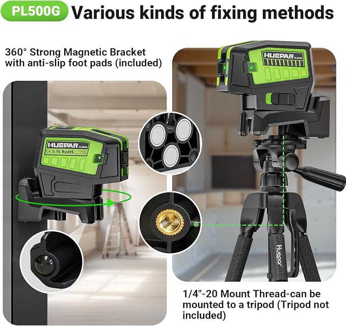 HUEPAR 5 Point Self Leveling Laser Alignment Tool with Plus Mode (98-165Ft), Laser Plumb Dots Level with 360° Magnetic Base Includes 2 AA Batteries & Hard Carrying Case - PL500G