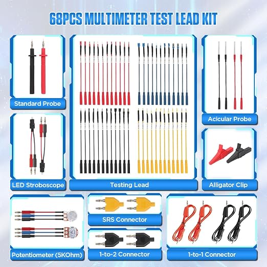 Multimeter Test Lead Kit Automotive 68PCS Back Probe Kit Multi Function Multimeter Leads Kit Size Coding Circuit Test Leads Kit with Alligator Clips Electrical,Banana Plug Test Lead,Oscilloscope Probe