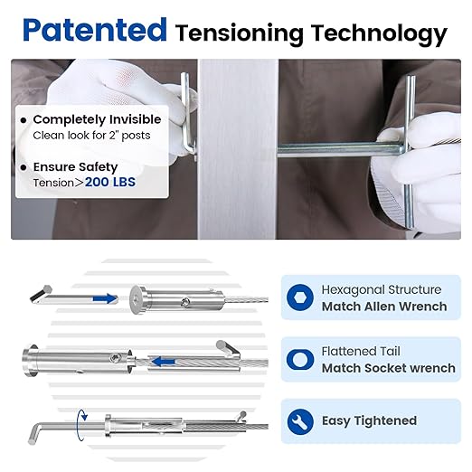 [Patent] Muzata 10 Pack 1/8" Swageless Invisible Cable Railing Kit Hardware Swageless Fittings Tensioner Hidden for 2"x2" Metal Post T316 Stainless Steel Deck Cable Railing System CB04