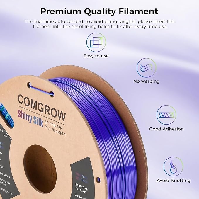 Comgrow Silk Shiny Blue Purple and Yellow 3D Printer Filament, Comgrow 3D Printing Materials Silk PLA 1.75mm, 3D Printing Filament +/-0.02mm, 1kg/2.2lbs Silk PLA