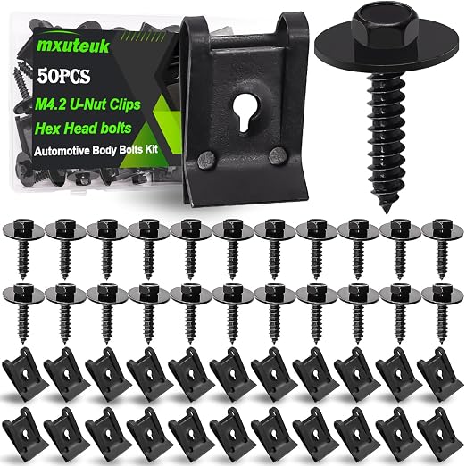 mxuteuk 50PCS M4.2 U-Nut Clips & Hex Head Automotive Body Fender Bolts Kit,for Most Cars Fender,Engine Undertray Cover, Engine Cover & Bumper Fender Liner