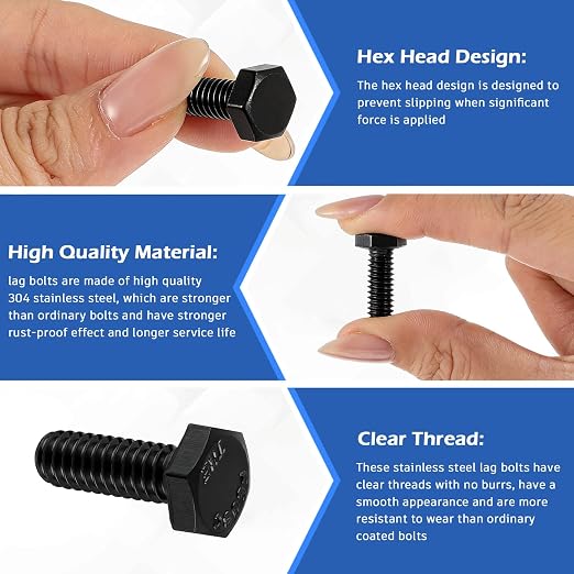 Zonon 50 Pcs 1/4-20 x 3/4" Hex Head Screw Bolt 18-8 (304) Stainless Steel Hexagon Bolts, Fully Threaded, Plain Finish, External Hex Drive (Black)