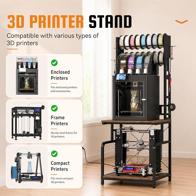 3D Printer Stand with Filament Storage,3D Printer Table with Power Outlets,Sturdy Double-Layer 3D Printer Workstation,for Workshop,Studio,Home Office and 3D Printing Enthusiasts,Retro Brown