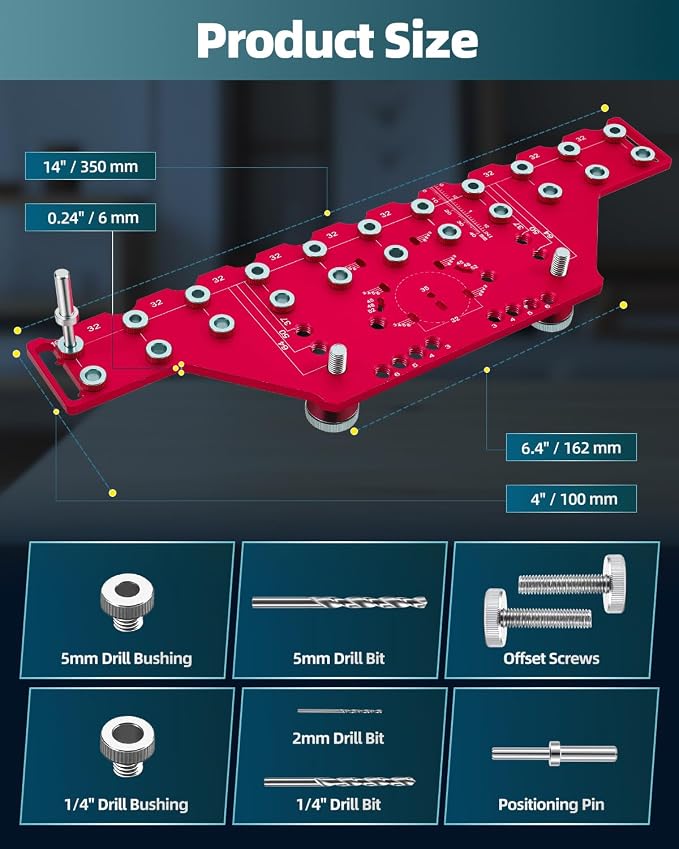 2-in-1 11-Holes Shelf Pin Jig, Concealed Hinge Jig, Drilling Guide with Self-Contained Clamping, All-Metal, for Cabinet Hinge & 1/4" 5mm Shelf Pin, Woodworking Drill Guide Tool (Red)