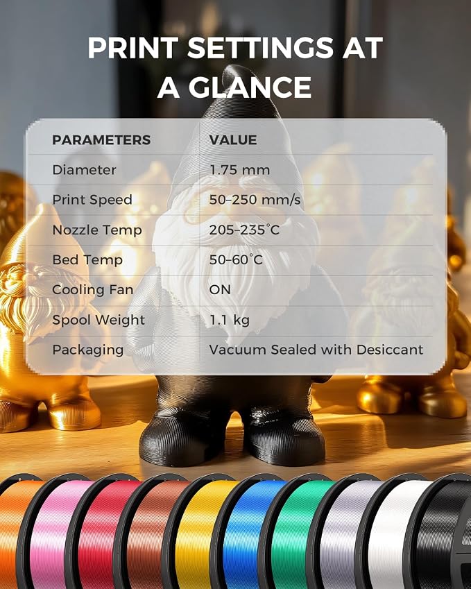 JAYO Silk PLA Filament 1.75mm Silver 1.1kg, Metal-Like Shiny PLA, Smooth Silky Finish, Easy to Print, Accuracy +/- 0.02mm, Fits for Most FDM 3D Printers