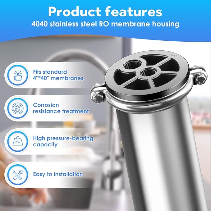 JTAPURE 4040 RO Membrane Housing, 4x40 304 Stainless Steel Commercial | 300 PSI stainless steel pressure vessel for commercial RO systems, whole house filtration, and spot-free car wash setups.