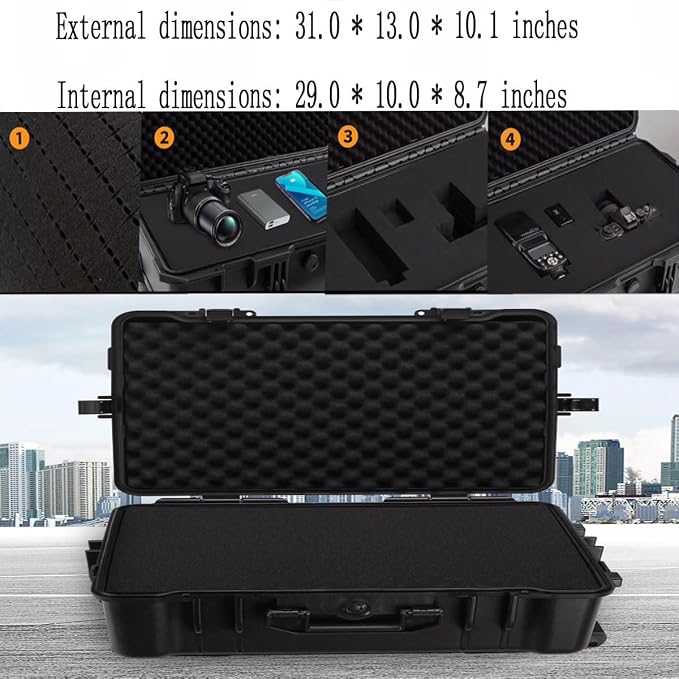 31" L x 12" W x 9" H Large Hard Case with Foam, Portable Rolling Hard Case with Wheels, Waterproof Shockproof Dustproof, Suitable for Cameras, Lenses, Camcorder, Instrument, Telescopes