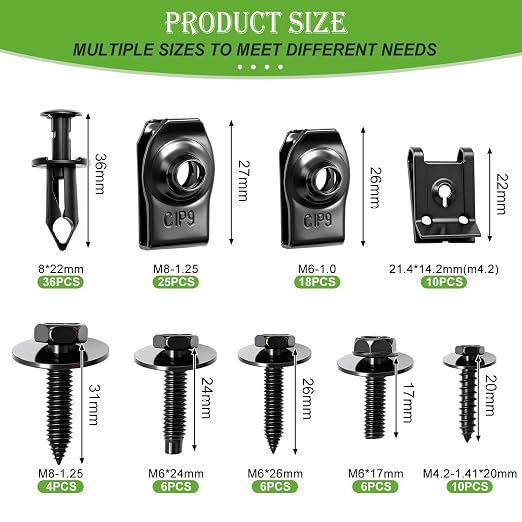mxuteuk 100PCS U-Nut Clips & Hex Head Automotive Body Fender Bolts Kit,M4.2/M6/1/4/M8 Automotive Bolt for Most Cars Fender,Engine Undertray Cover, Engine Cover & Bumper Fender Liner