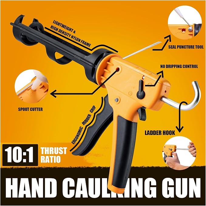 LONNYS Dripless Caulking Gun Kit for Kitchen Bathroom Window High Thrust Ratio Hand Caulk Gun