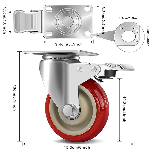 4 Inch Heavy Duty Swivel Caster Wheels with Brake, Set of 4, Industrial Locking Rolling Plate Casters Wheels for Furniture, Cart, Table and Workbench, Easily Load 2200lbs