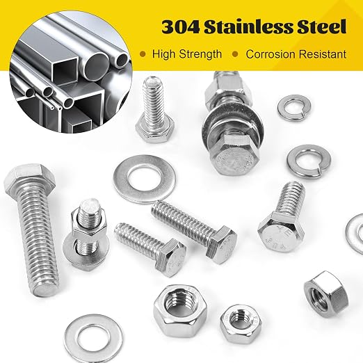 260PCS Hex Bolts and Nuts Assortment Kit,1/4-20, 5/16-18, 3/8-16 Hex Head Bolt Nut and Flat & Spring Washers Assorted,304 Stainless Steel, Fully Threaded