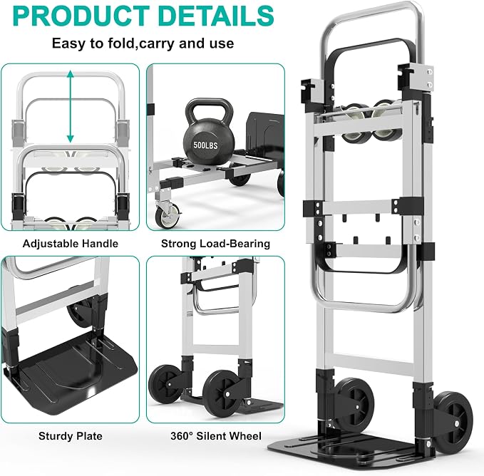 3 in 1 Aluminum Hand Truck Foldable, 500 lbs Convertible Dolly, Collapsible Dolly Cart with 4 Rubber Wheels, Portable Trolley with Retractable Handle for Moving/Office/Home/Warehouse(Black Silver)
