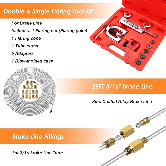 25 ft 3/16inch Zinc Coated Alloy Brake Line Kit(Includes 24 Fittings and 4 Unions) with Double & Single Flaring Tool Kit
