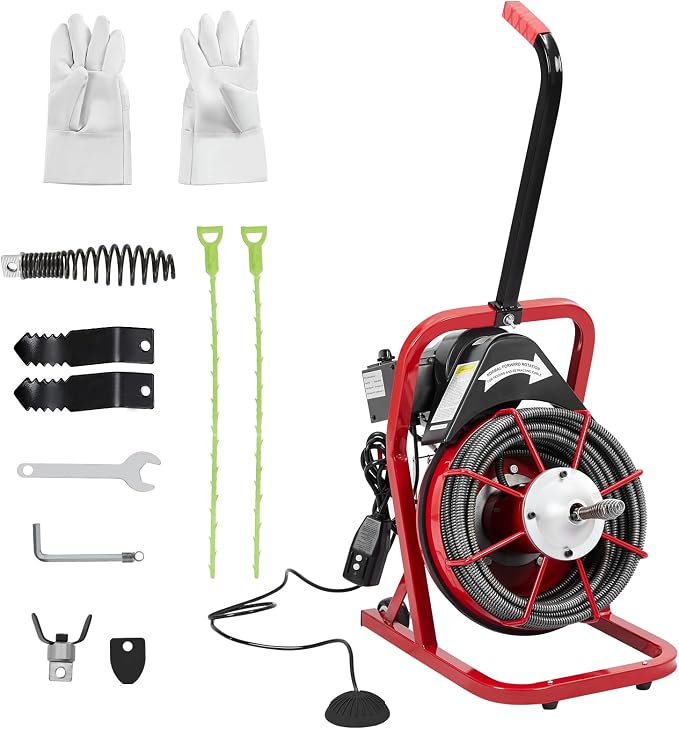 Drain Cleaner Machine with 4 Cutters & Foot Switch and Pair of Gloves,75 ft 3/8 in Drain Cleaning Machine Suitable for 1 in to 4 in Pipes,Drain Auger Cleaner for Sewer, Bathroom,Sink and Shower