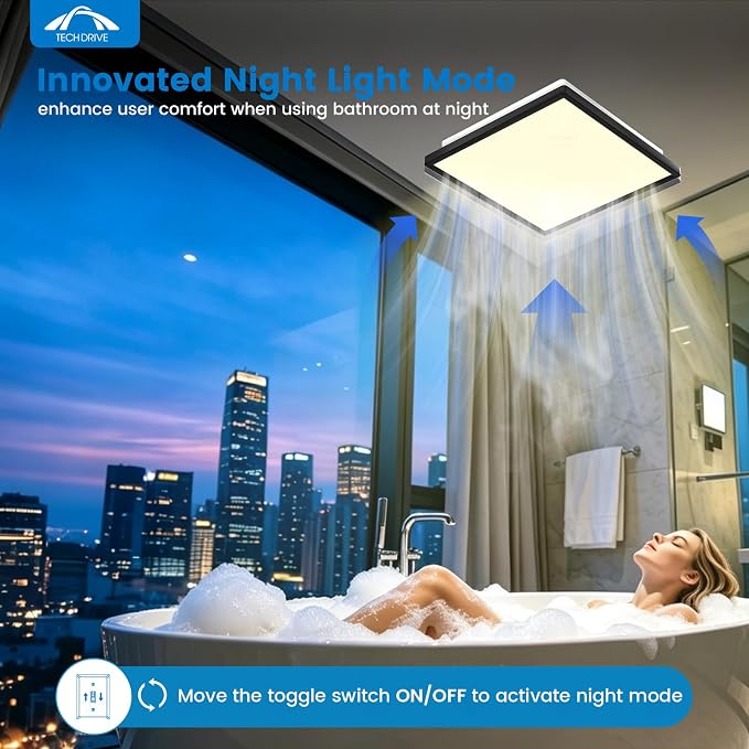 Tech Drive Bathroom Fan with Light And Night Light,80 CFM,4 Inch Duct | 1000lm Dimmable 5CCT LED Light, HVI and Energy Star Certified, Decorative Black Trim, Easy to Install