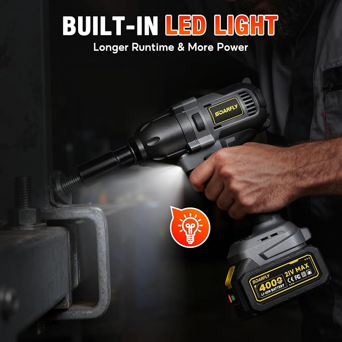 SOARFLY 1/2" Cordless Impact Wrench, 738 Ft-lbs (1000 N.m) High Torque 21V Brushless Electric Impact Gun with 2x 4.0Ah Batteries, Impact Driver with LED Light, 6 Sockets for Home Car/Mower/Truck RV