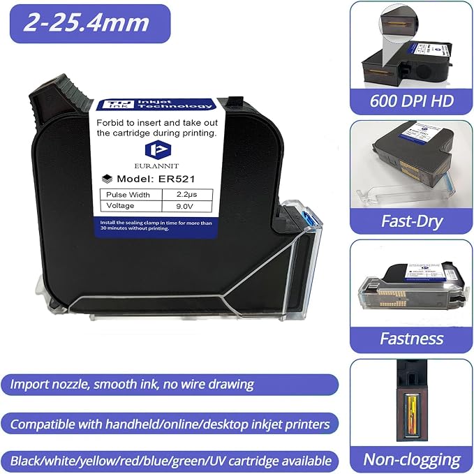 Original Black Ink Cartridge ER521, 72ml Quick Dry Solvent Ink Replacement for 1inch/25.4mm Handheld Inkjet Printer E15-1 /E16-1 /E11-1 /E50