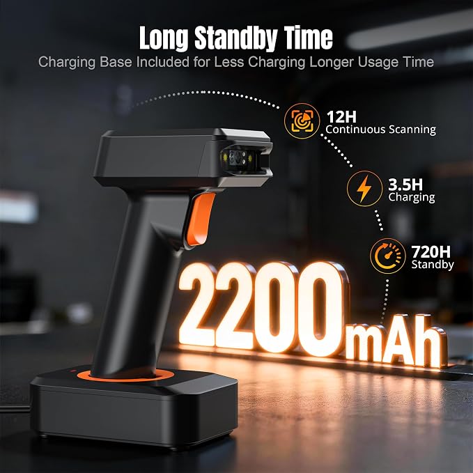 Tera Pro 1D 2D QR Wireless Barcode Scanner with Display Screen Battery Level Indicator Time Display Works with Bluetooth with Charging Cradle Base for Warehouse Supermarket Library HW0006 Pro